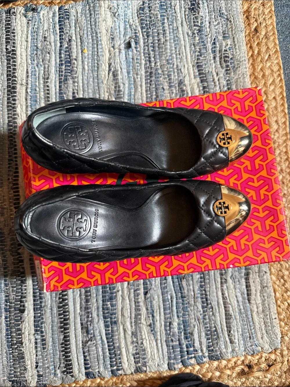 Tory Burch Black Quilted Leather Ballet Flats with Gold Logo Cap